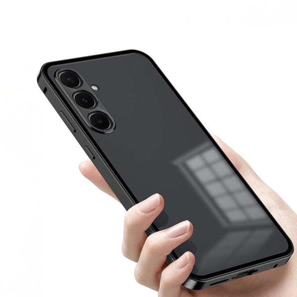 Samsung Galaxy A55 5G Black smartphone cover held in a hand with a plain background