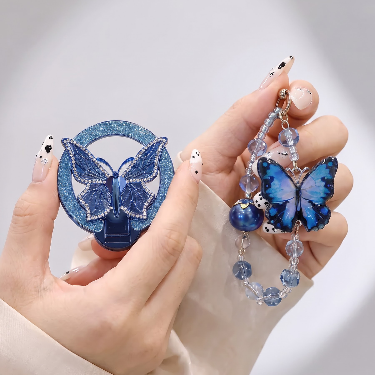 Vivo V60 5G Transparent Airbag Butterfly Stand Case with Charm Strap