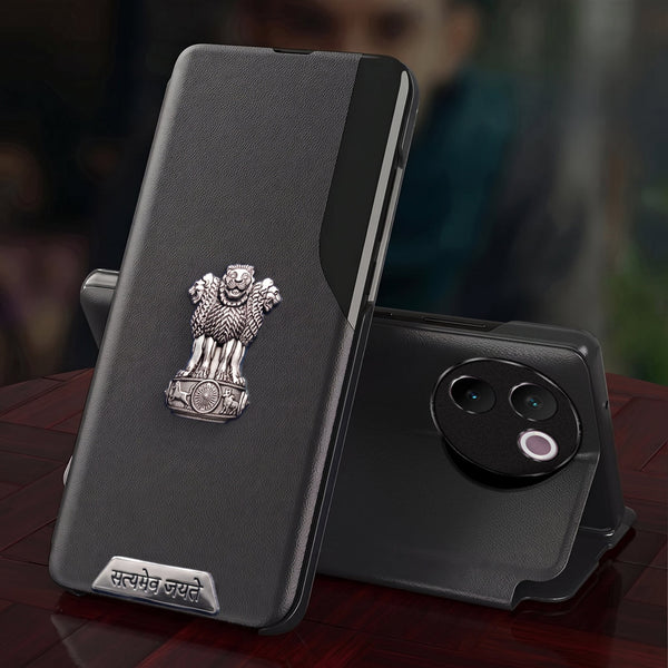 Vivo V30e 5G Metal Satyamev Jayate 2-in-1 Emblem Half-Window Leather Flip Case