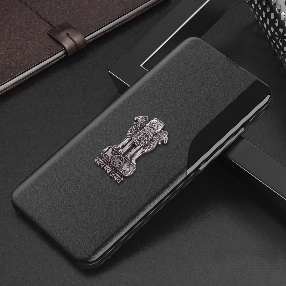 Oppo A3 Pro 5G Metal Emblem Satyamev Jayate Half Window Leather Flip Case