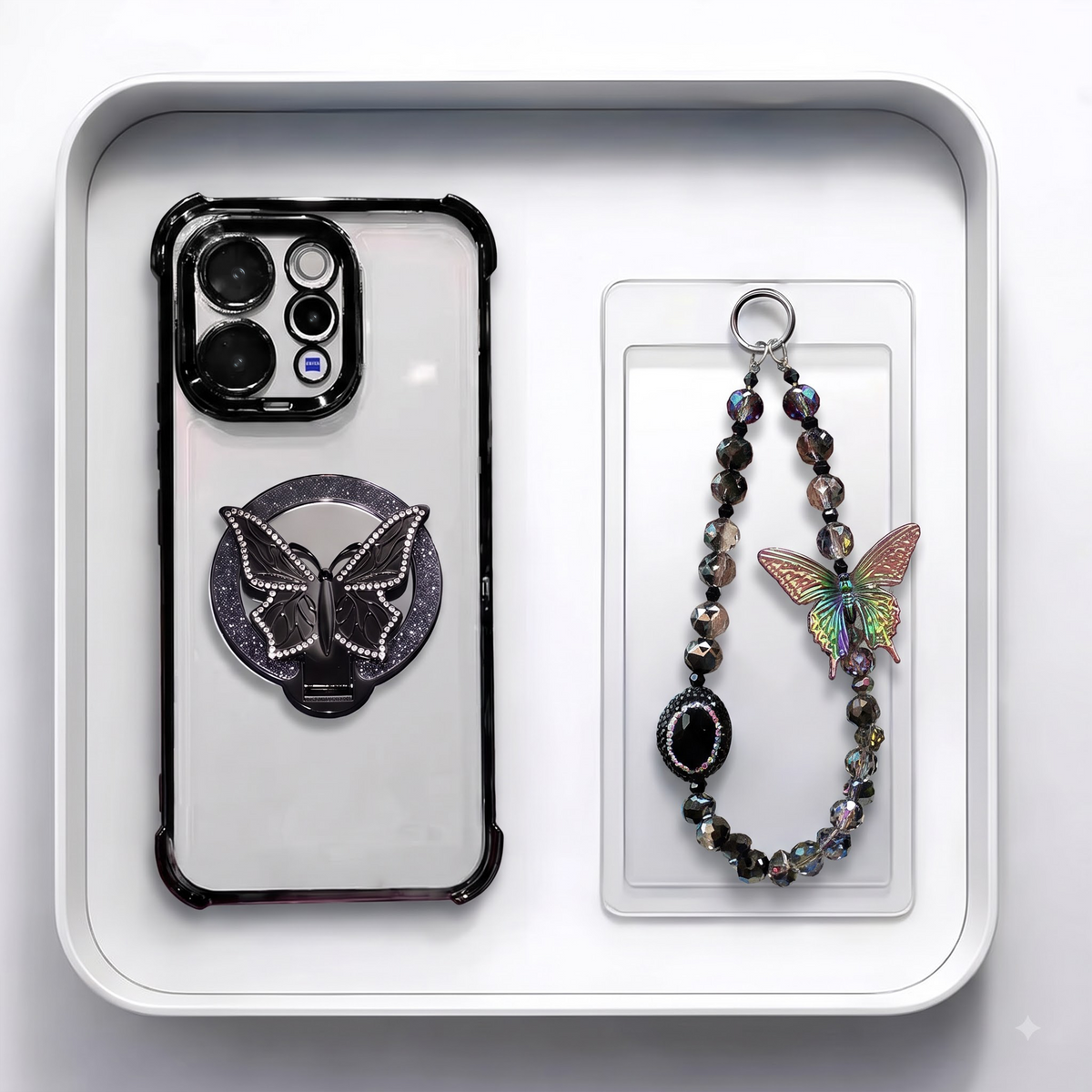 Vivo V70 5G Transparent Airbag Butterfly Stand Case with Charm Strap