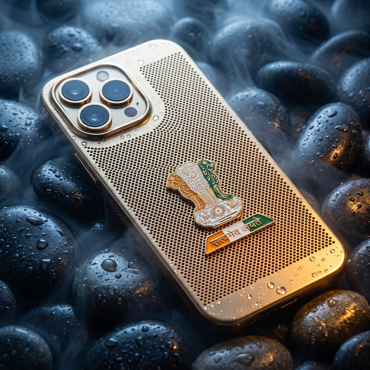 iPhone 14 Pro Max 5G Tri-Color Satyamev Jayate Mesh Electroplated Heat Dissipation Case