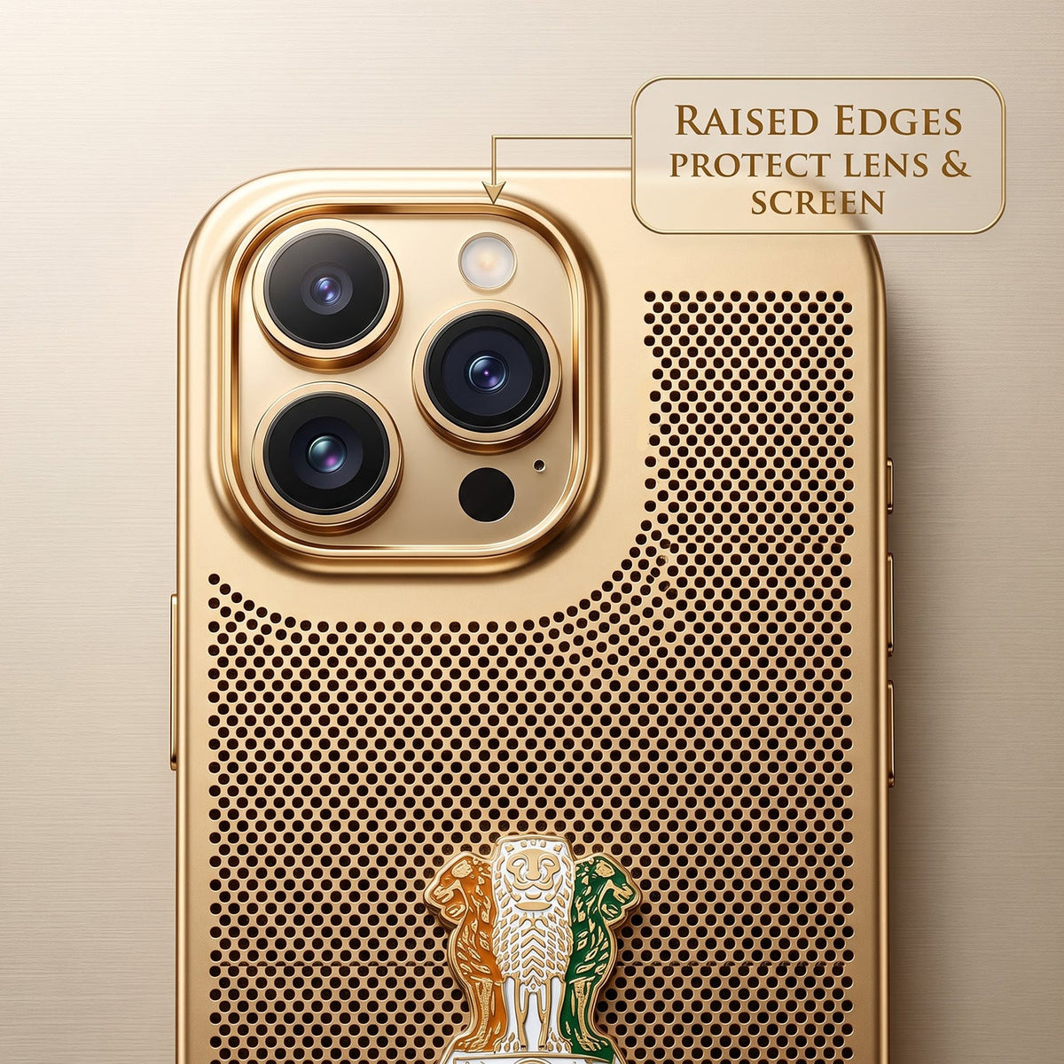 iPhone 15 Pro Max 5G Tri-Color Satyamev Jayate Mesh Electroplated Heat Dissipation Case