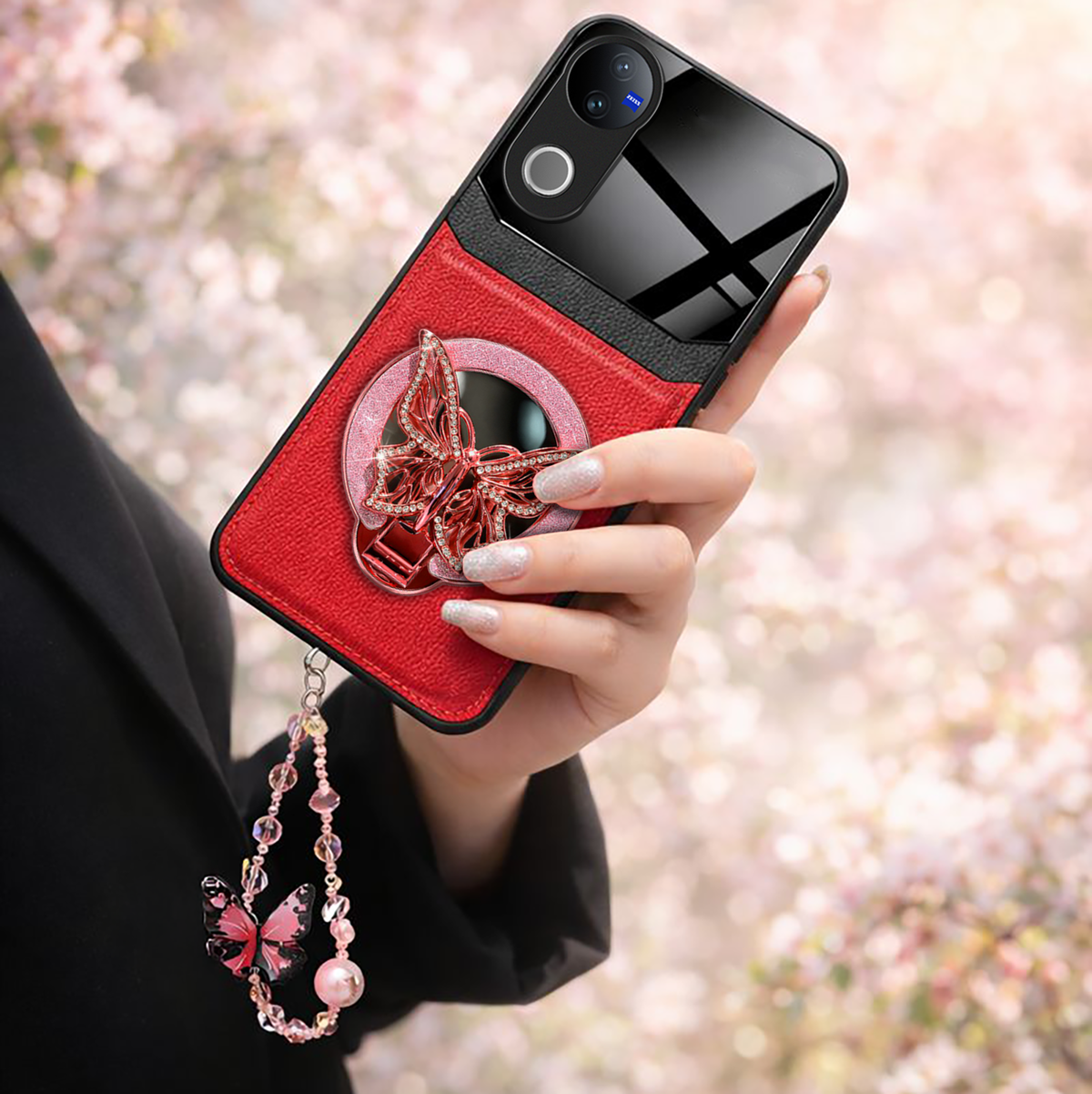 Vivo V50 5G Premium Leather Lens Butterfly Stand Case with Charm Strap