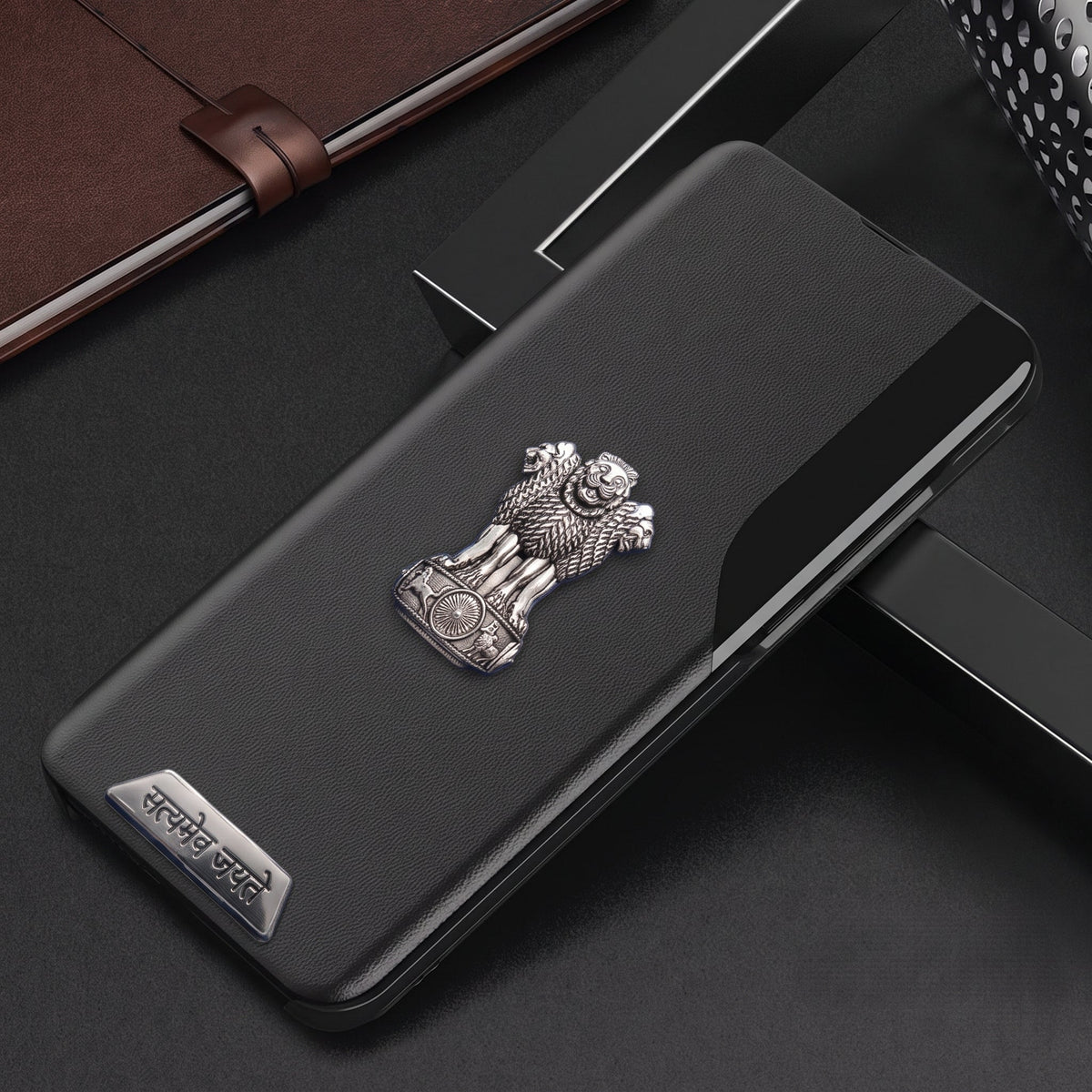 Vivo T3 5G Metal Satyamev Jayate 2-in-1 Emblem Half-Window Leather Flip Case